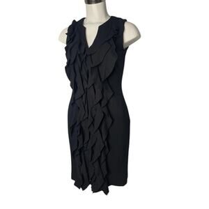 Calvin Klein Black Ruffle Dress Size 12 Stretch Ponte Knit V-Neck Sheath Work